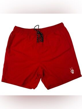 men’s swim trunks in bright red with a unique skeleton hand graphic